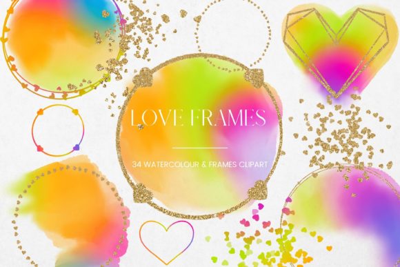 Rainbow Watercolor Gold Heart Frames
